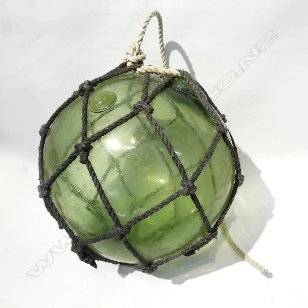 OLD GLASS FISHING FLOAT WITH NETTING APPROX DIA 420mm hand blown Image 1++
