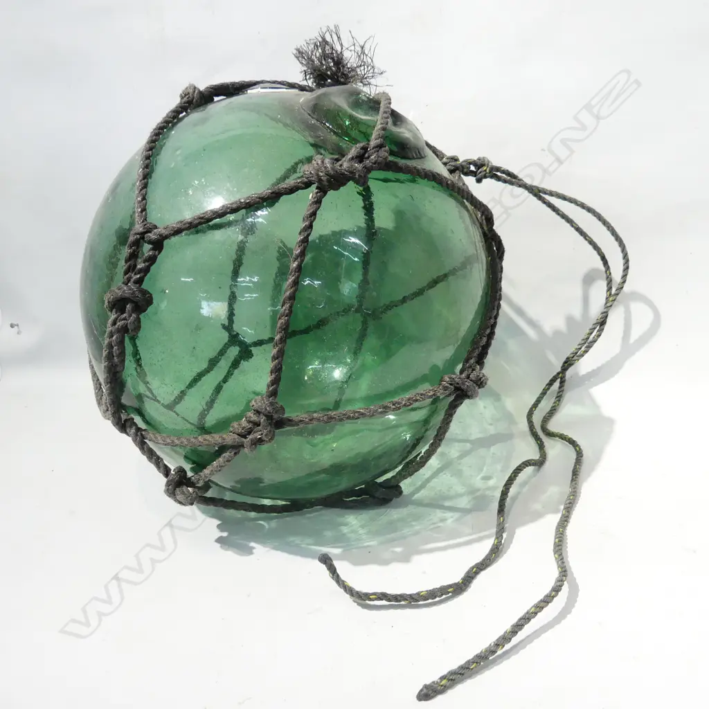 OLD GLASS FISHING FLOAT WITH NETTING APPROX DIA 380mm hand blown Image 1++