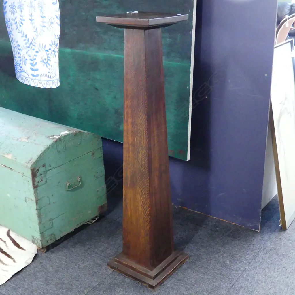 ART DECO OAK PLANT STAND tapered square column H.1150mm Image 1++
