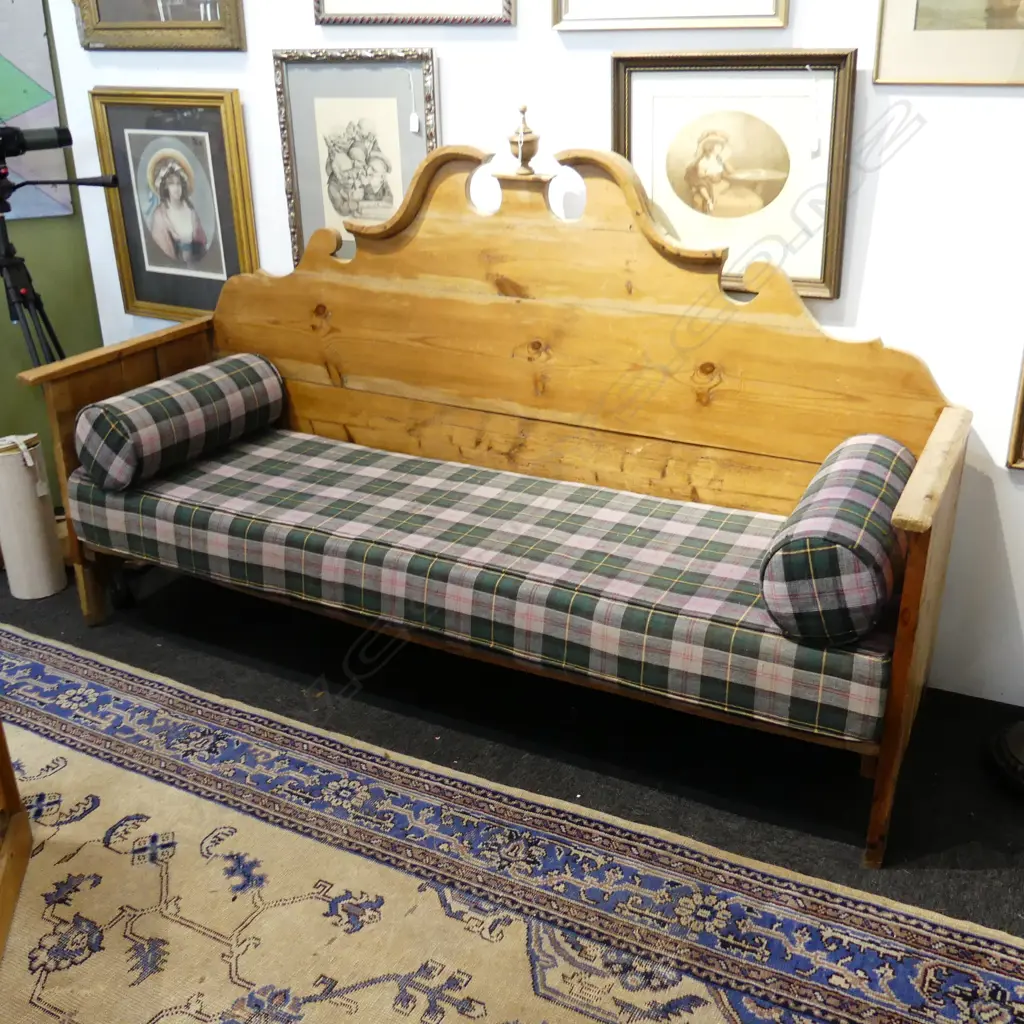 ENGLISH PINE SETTLE SOFA - TARTAN UPHOLSTERY C.1910 1830x580x1150mm Image 1++