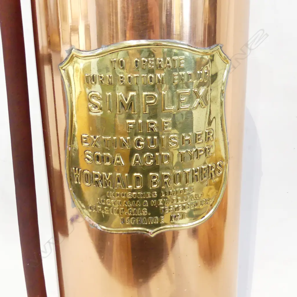 VINTAGE COPPER WORMALD BROS. SIMPLEX FIRE EXTINGUISHER H.510mm Image 1++