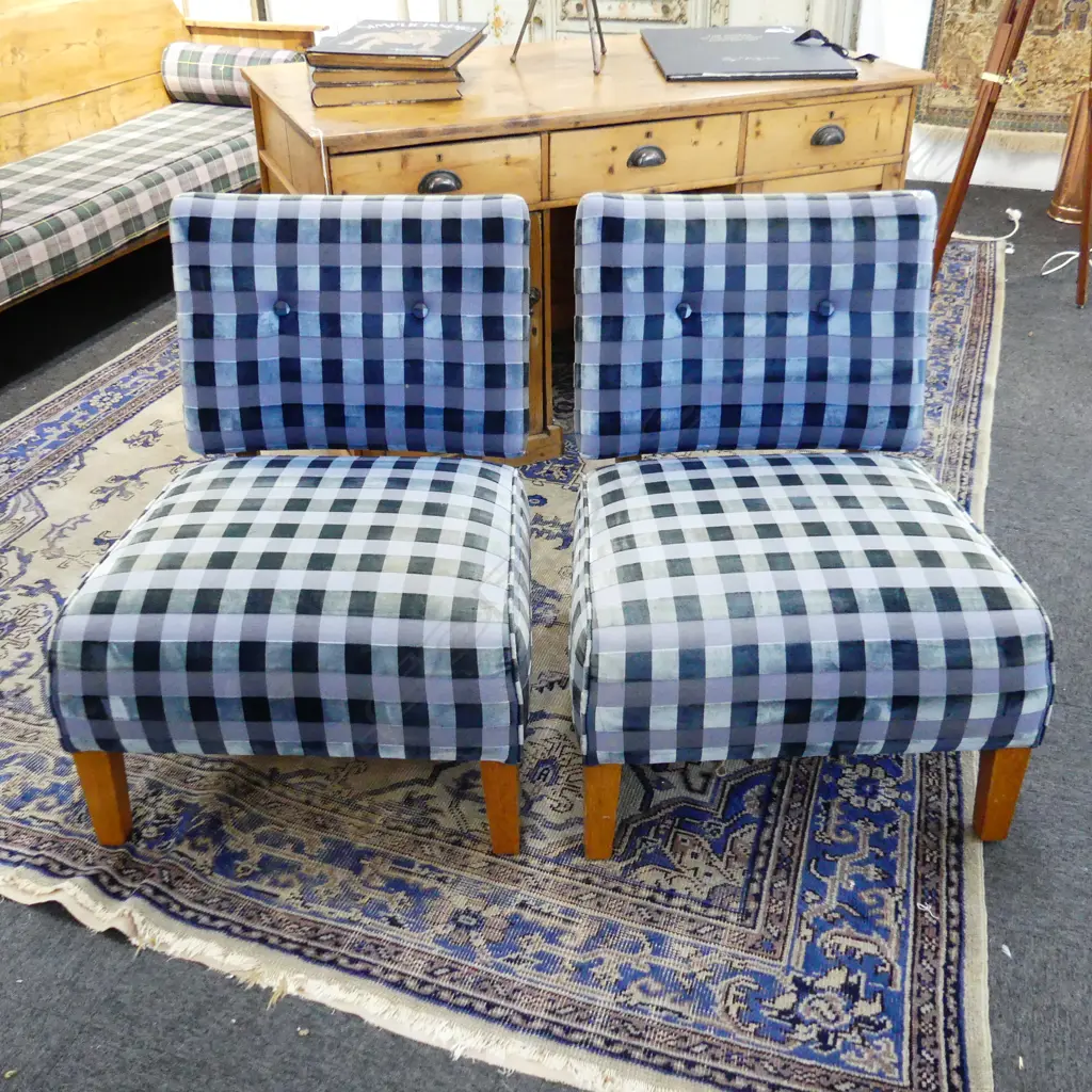 PR UPHOLSTERED ARMCHAIRS - BLUE VELVET CHECK - FADING Image 1++