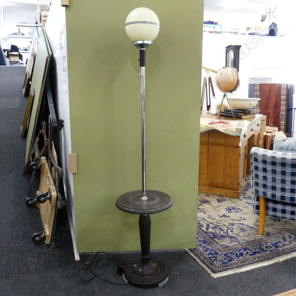 DECO STANDARD LAMP w. BROWN BAKELITE SHELF & BASE H.1670mm Image 1++