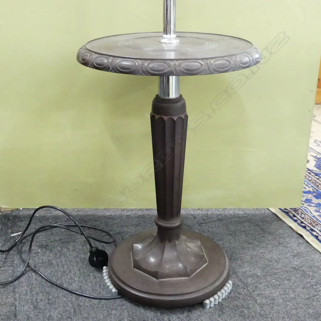 DECO STANDARD LAMP w. BROWN BAKELITE SHELF & BASE H.1670mm Image 1++