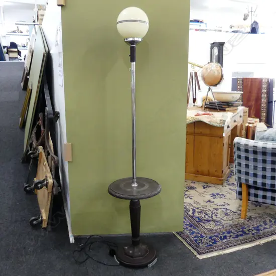 DECO STANDARD LAMP w. BROWN BAKELITE SHELF & BASE H.1670mm