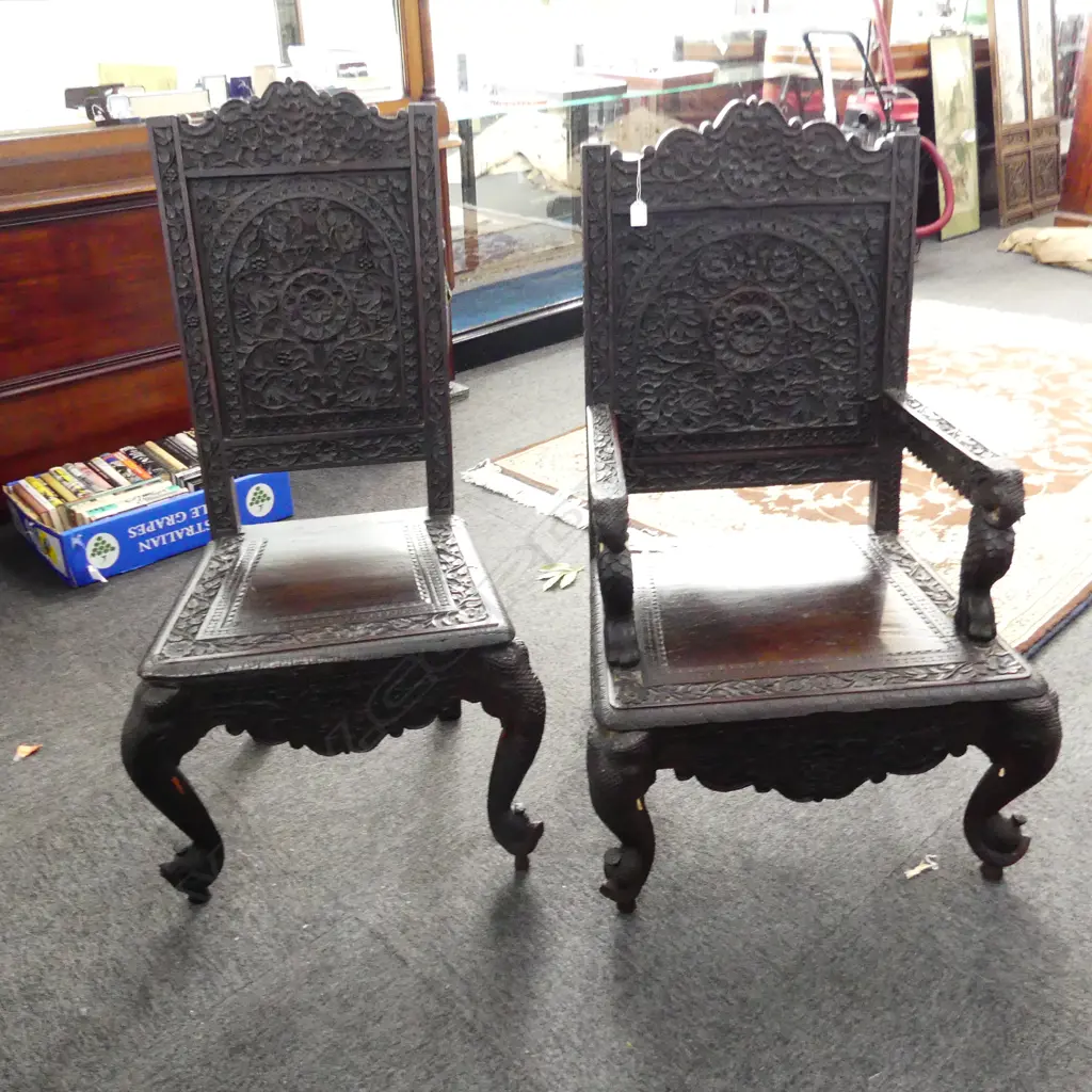 TWO ANGLO INDIAN CHAIRS; INLC CARVER        Image 1++