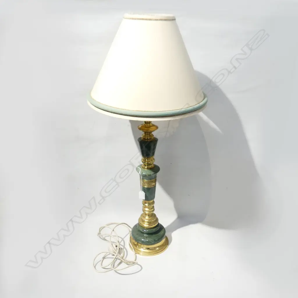 GREEN MARBLE & BRASS BASE TABLE LAMP & SHADE, H. 900mm Image 1++