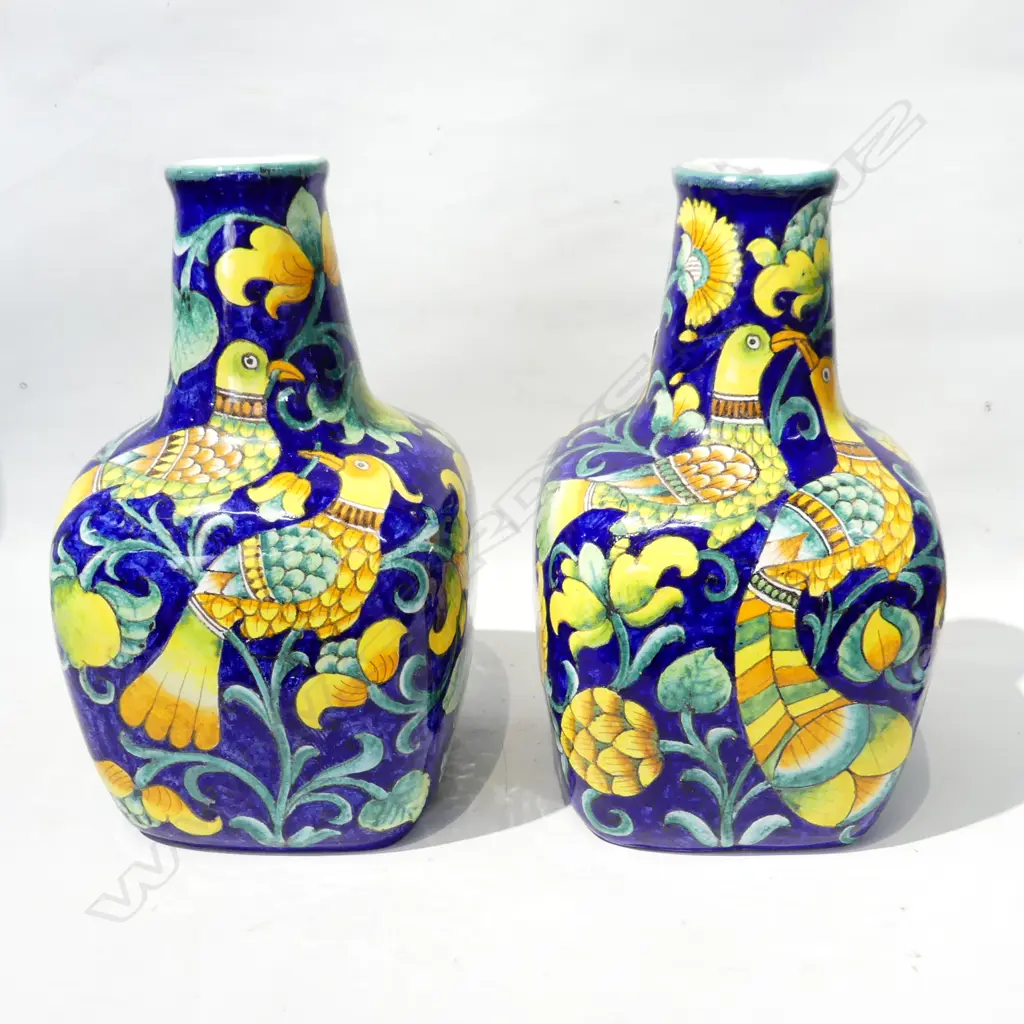 PR PORTUGESE TIN GLAZED VASES; BIRDS ON BLUE GROUND H.330mm Image 1++