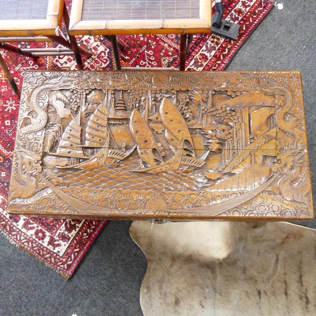 CARVED CHINESE CAMPHOR CHEST 1015x535x545mm Image 1++