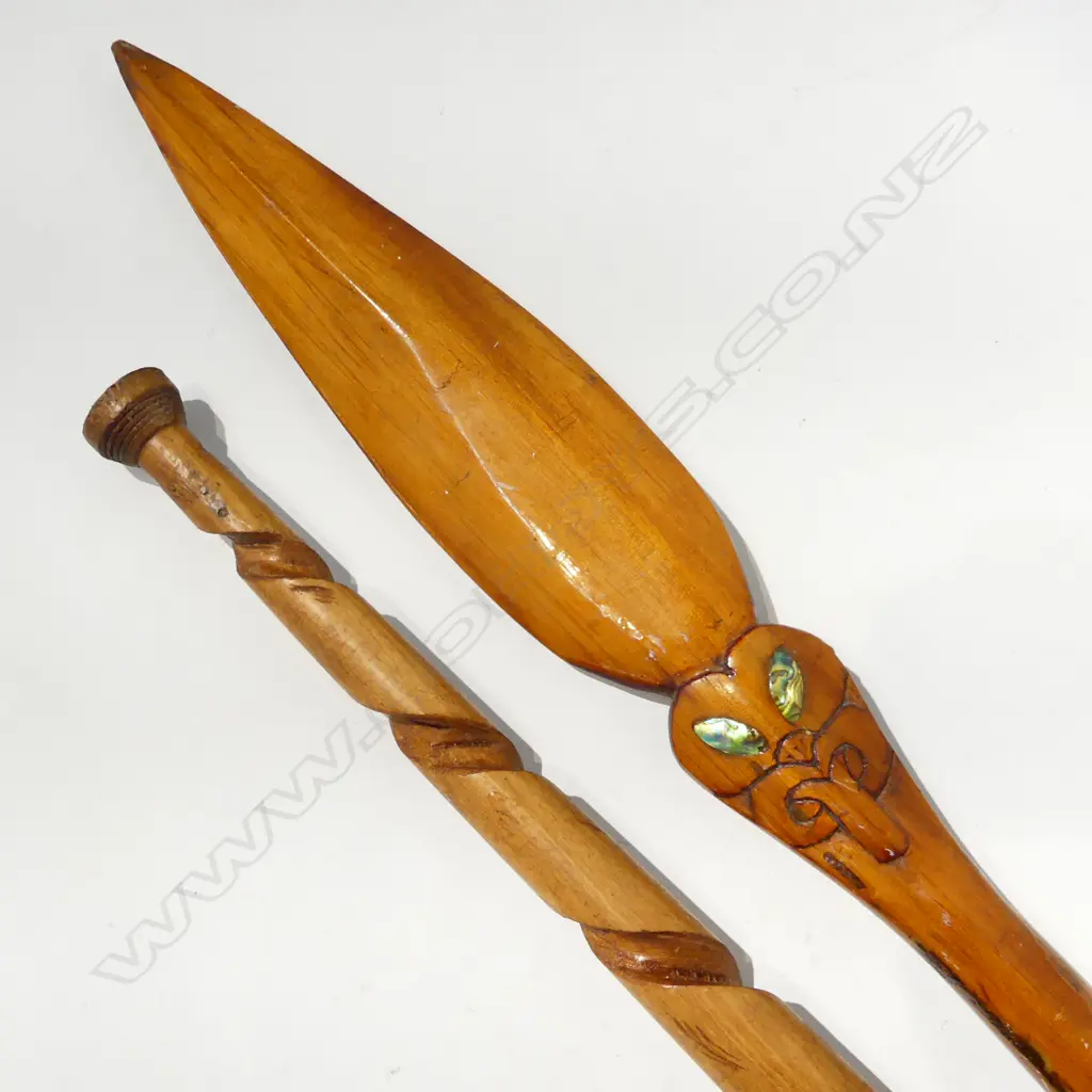 2 WOODEN MAORI PCES; WALKING STICK L.890mm & SPEAR L.1110mm Image 1++