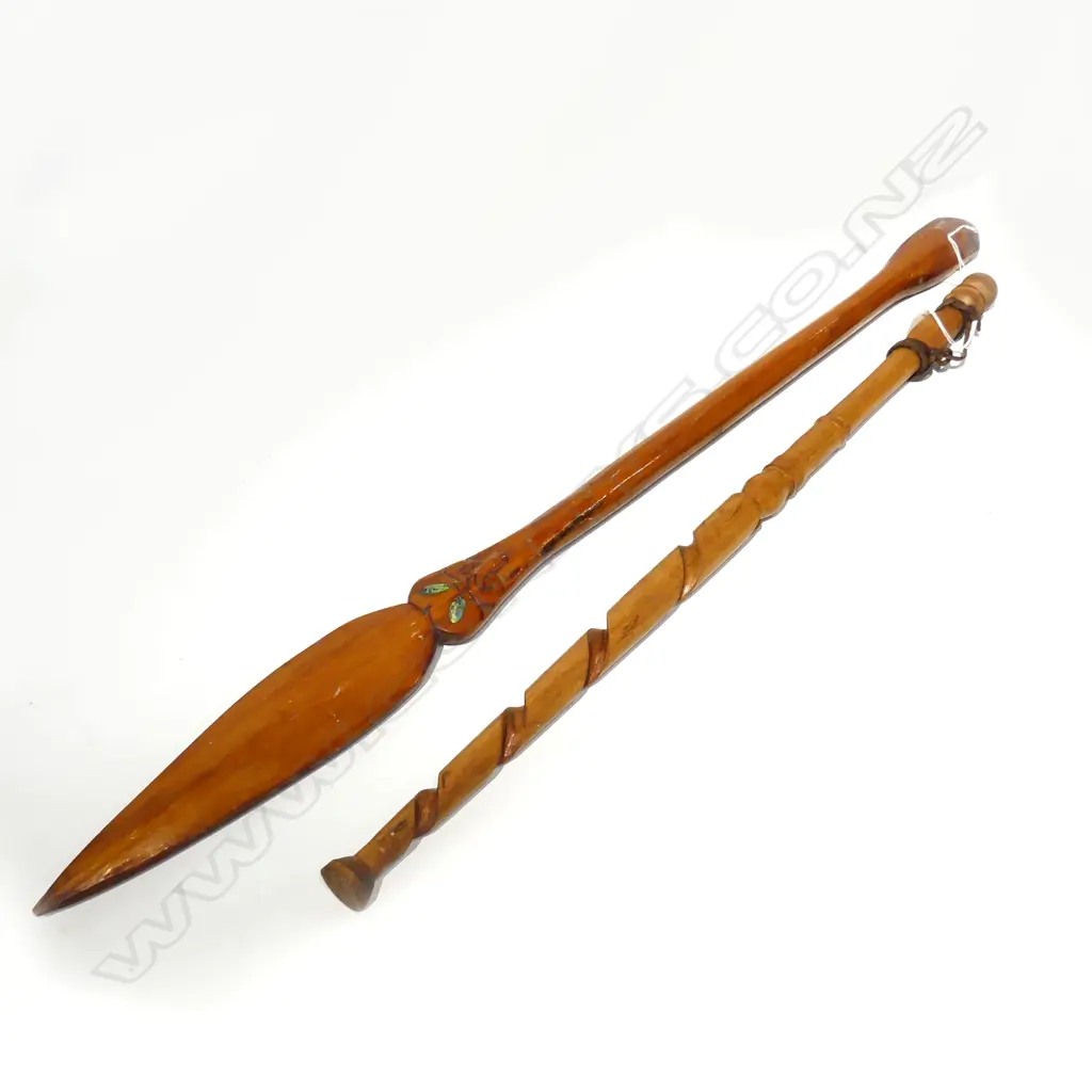 2 WOODEN MAORI PCES; WALKING STICK L.890mm & SPEAR L.1110mm Image 1++