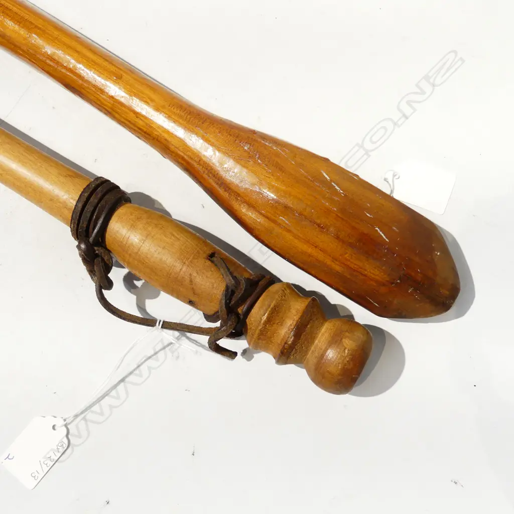 2 WOODEN MAORI PCES; WALKING STICK L.890mm & SPEAR L.1110mm Image 1++