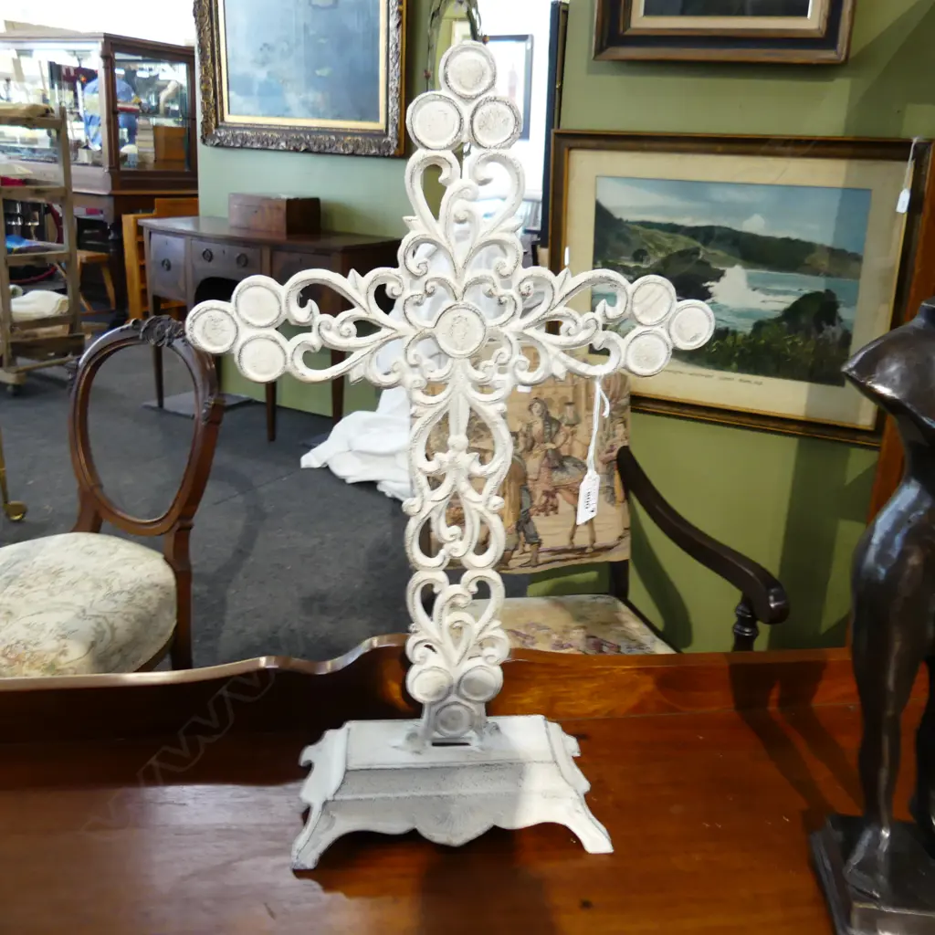 ORNATE WHITE WASHED FRENCH METAL CROSS Image 1++