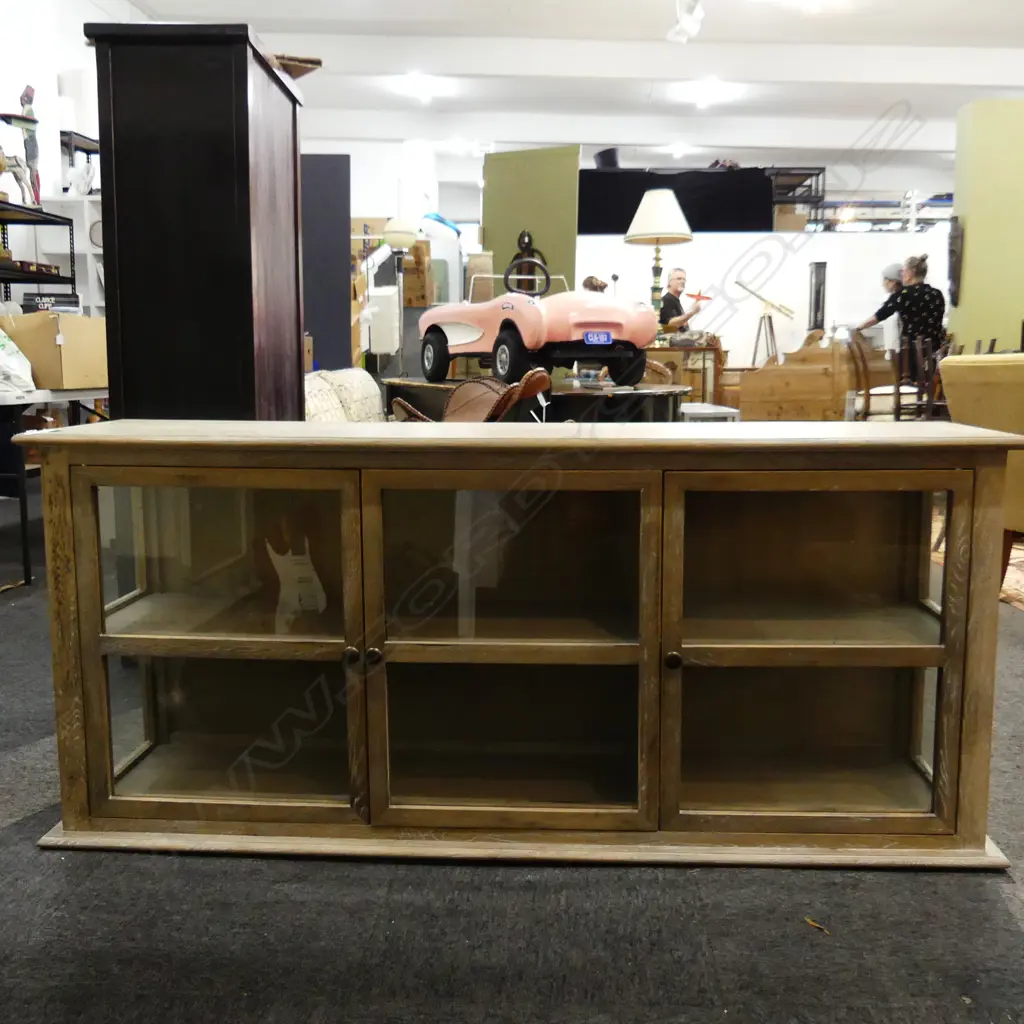 CONTEMPORARY LIMED OAK GLAZED CABINET 1640x400x725mm Image 1++