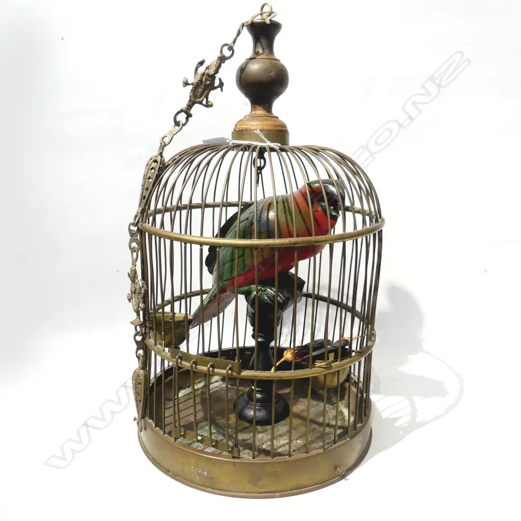 BRASS BIRD CAGE w. CARVED PAINTED WOODEN BIRD H.550mm Image 1++