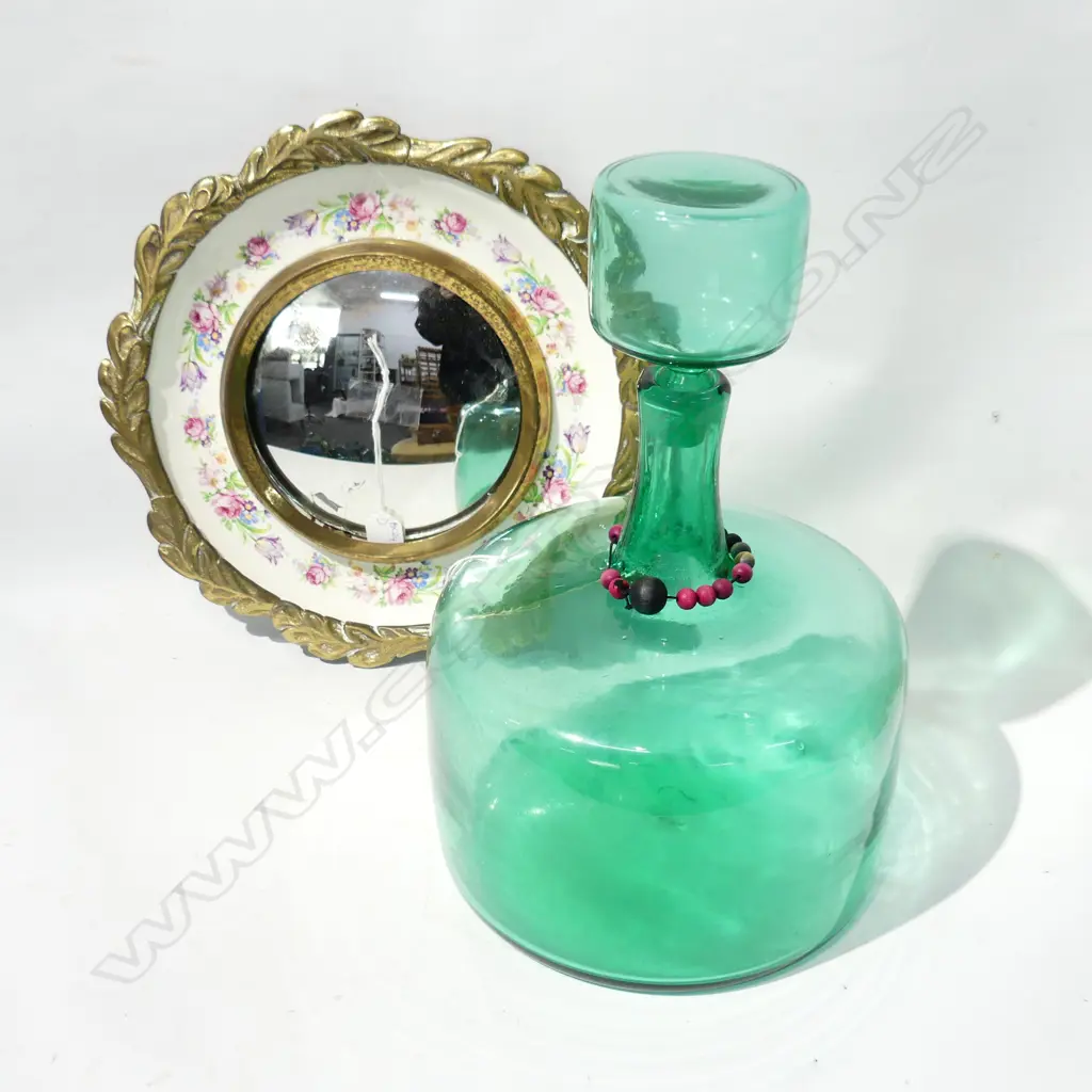 GREEN GLASS BOTTLE VASE H.260mm + VINTAGE MIRROR, CERAMIC & BRASS FRAME 345mm dia Image 1++