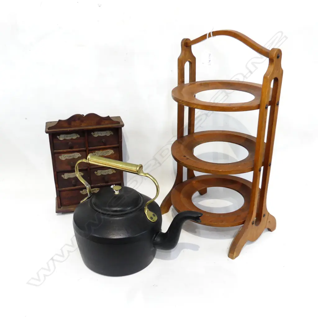 OLD CAST IRON KETTLE, 3 TIER WOODEN CAKE STAND, WOODEN SPICES DRAWERS H.280mm Image 1++