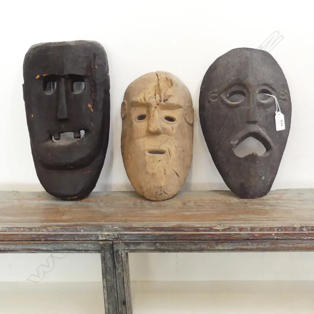 3 OLD TIMORESE CARVED WOODEN WALL MASKS, H. 310, 300, 265mm Image 1++