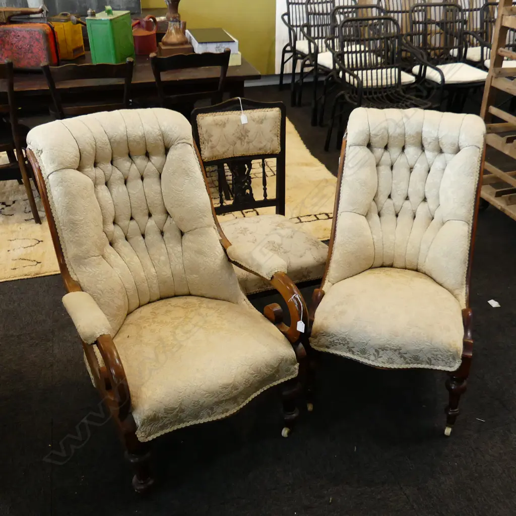 3 ANTIQUE CHAIRS; SCROLL ARMCHAIR, GRANDMOTHER, SIDE CHAIR Image 1++