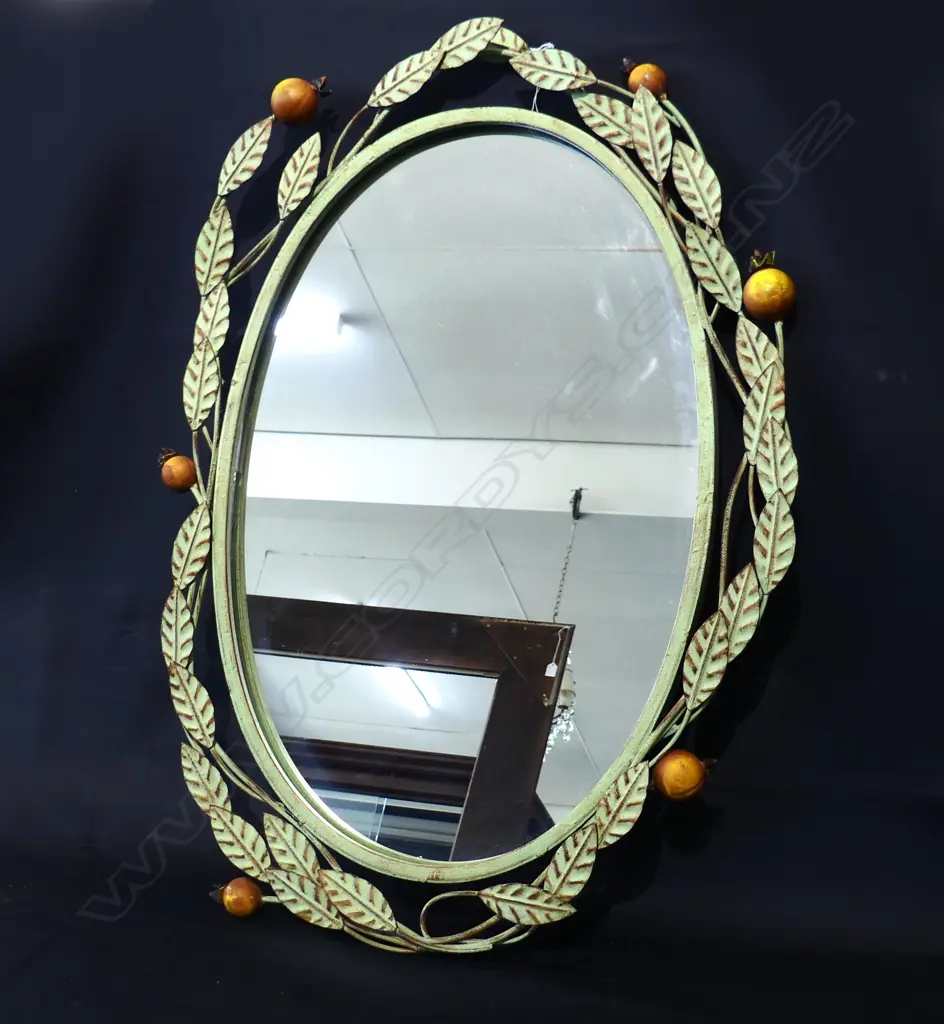 WALL MIRROR WITH HEAVY GREEN METAL FRAME EMBELLISHED WITH LEAVES & FRUIT  680 X 490mm Image 1++