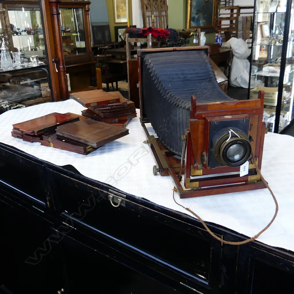 ANTIQUE BELLOWS CAMERA; THORNDON PICKARD 'IMPERIAL' TRIPLE EXTENSION L.640mm + 12 PLATE HOLDERS Image 1++