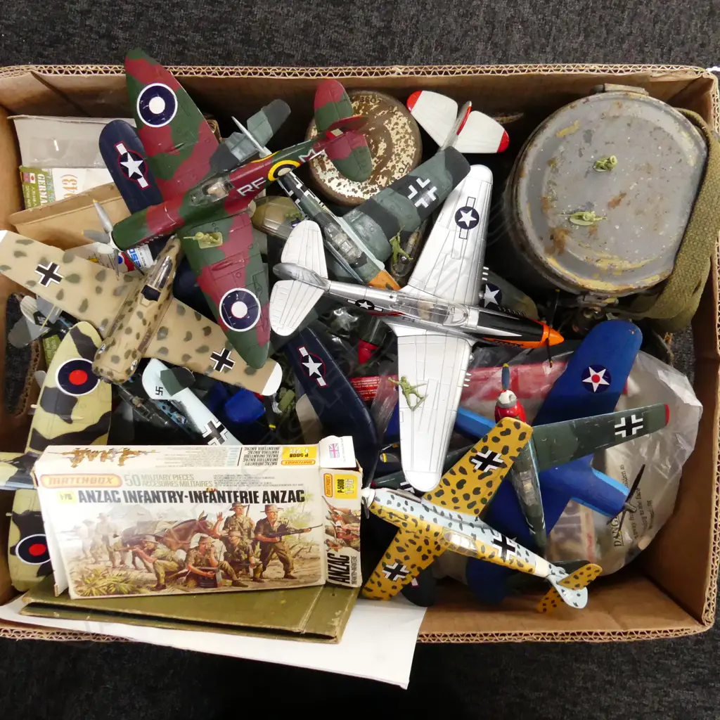 BOX LOT ASST. MILITARY ITEMS + MODEL WWII PLANES ETC Image 1++