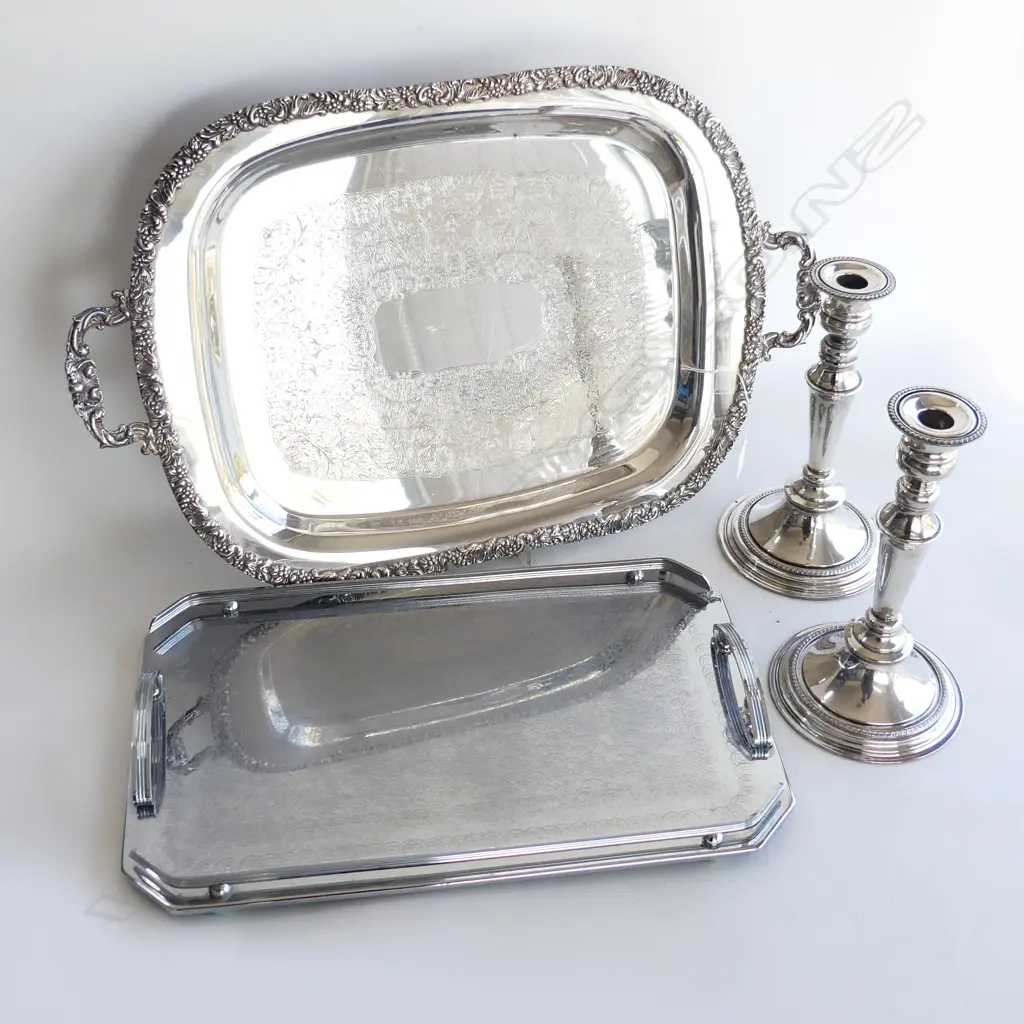 TWO SHEFFIELD WALKER AND HALL SILVER PLATE CANDLESTICKS AND TWO TRAYS ONE STAINLESS STEEL AND ONE SILVER PLATE Image 1++