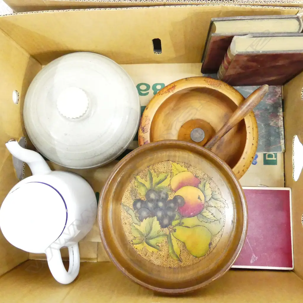 BOX MISC INCL BOOKENDS, ENAMEL KETTLE, WOODEN NUT BOWL & MALLET ETC.. Image 1++