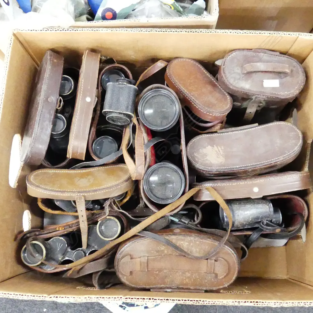 BOX LOT ASST. BINOCULARS IN BROWN LEATHER CASES (faults) Image 1++