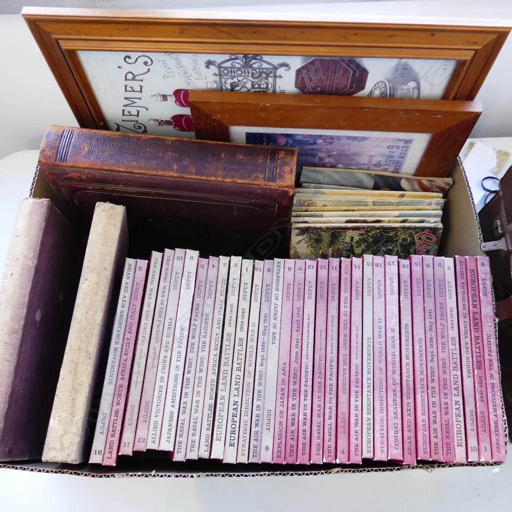BOX LOT ASST. BOOKS; WWII, EMPTY VICT. PHTOTO ALBUM ETC Image 1++