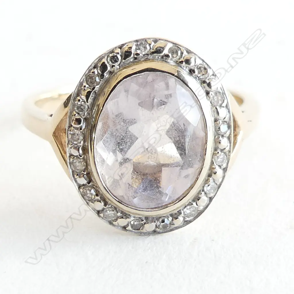 9CT PALE PINK STONE  & DIAMOND RING 3.4 GRAMS Image 1++