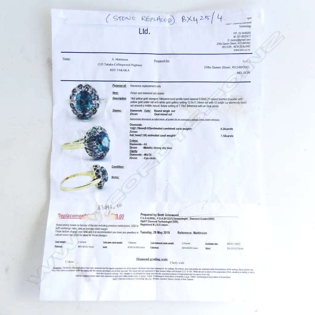 18CT BLUE STONE & DIAMOND RING 4.5 GRAMS + CERT (CENTRE STONE REPLACED) Image 1++