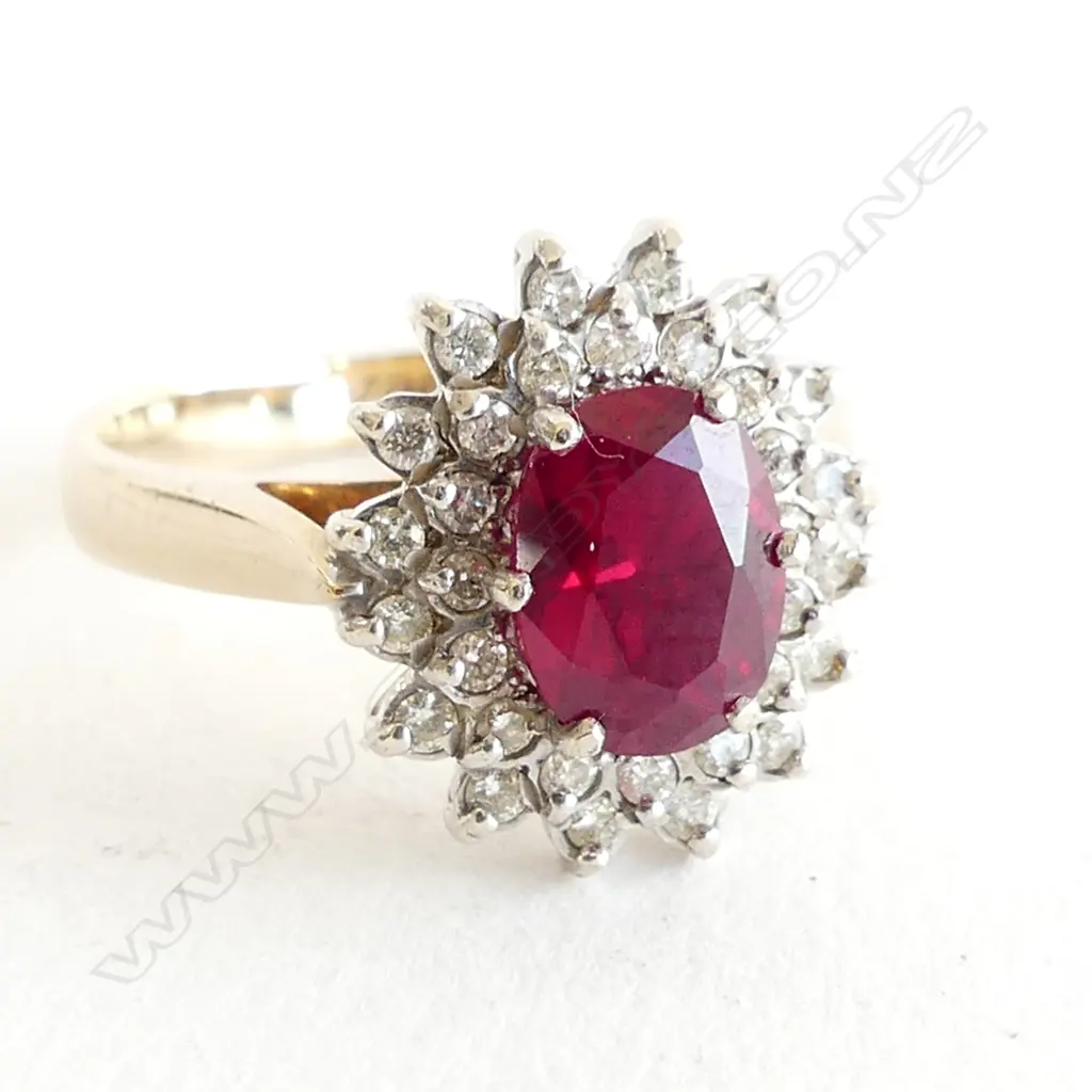 9CT & RED STONE & DIAMOND RING 3.9 GRAMS SIZE O 1/2 Image 1++