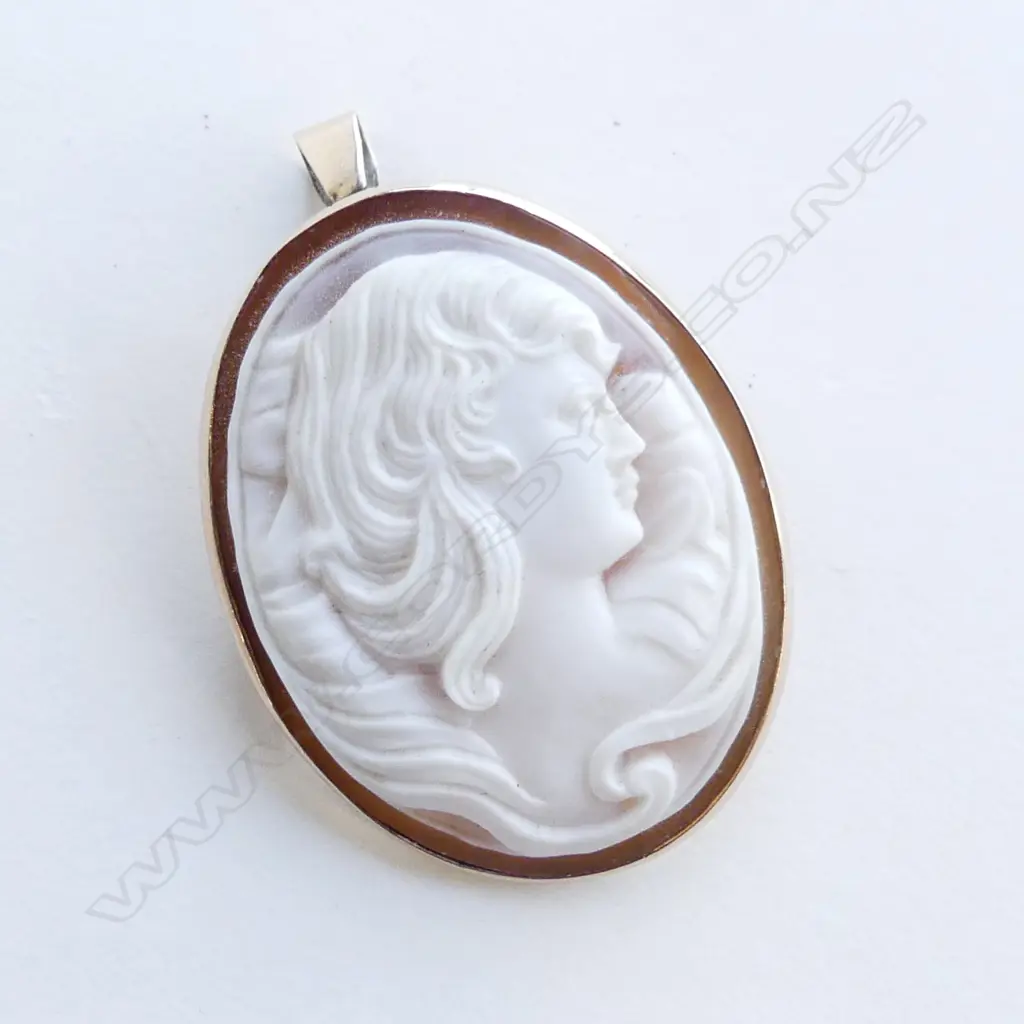 9CT SHELL CAMEO BROOCH WTH PENDANT BALE. 3.6CM X 2.8CM Image 1++