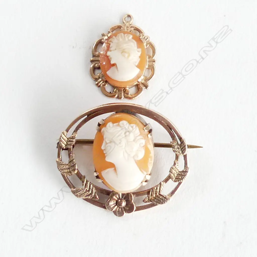  9CT GOLD SHELL CAMEO BROOCH WITH L CAMEO PENDANT 5GMS Image 1++