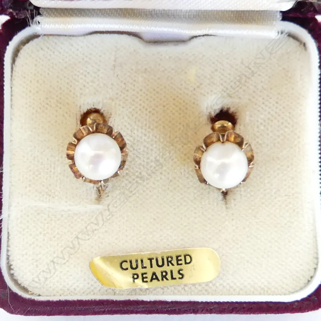 VINTAGE 9CT YELLOW GOLD & CULTURED PEARL SCREW EARRINGS - IN ORIGINAL BOX 3,69GMS Image 1++