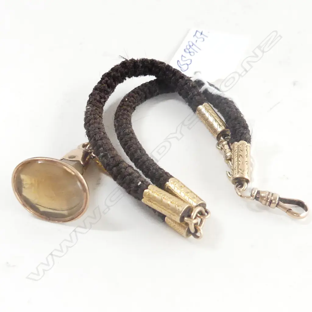 VICTORIAN 15CT GOLD & HAIR WATCH CHAIN w. GOLD & HARDSTONE SEAL Image 1++