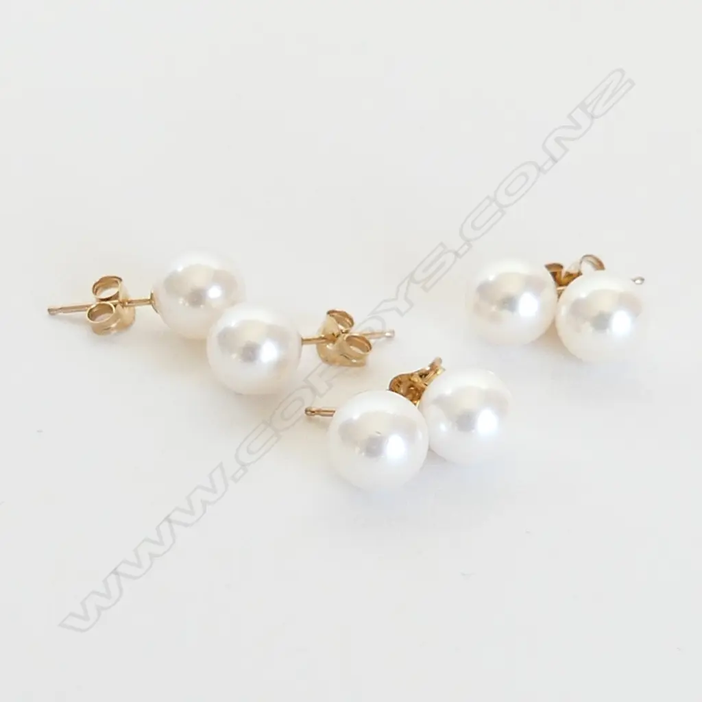 3 PRS 9CT YELLOW GOLD 7MM CULTURED AKOYA PEARL STUD EARRINGS, NEW  Image 1++