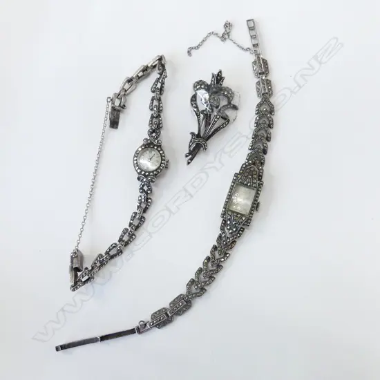 3 marcasite pces: 2 watches + brooch