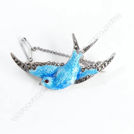 925 SILVER SET ENAMELLED & MARCASITE BIRD BROOCH