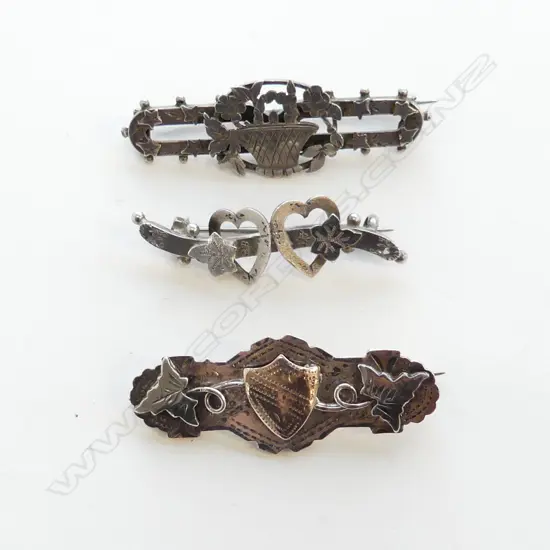  3 STERLING SILVER BAR BROOCHES, ONE WITH GOLD SHIELD
