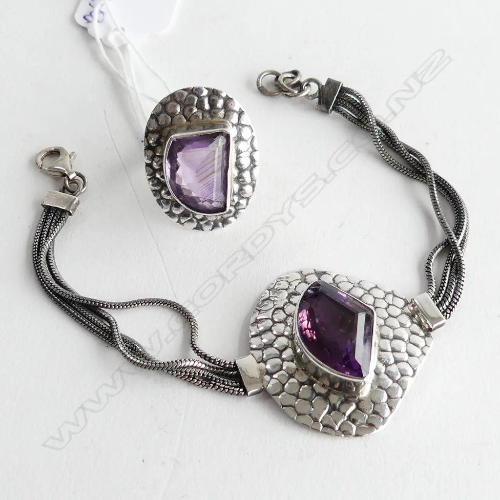 925 SILVER & AMETHYST RING & BRACELET SET 32 GRAMS Image 1++