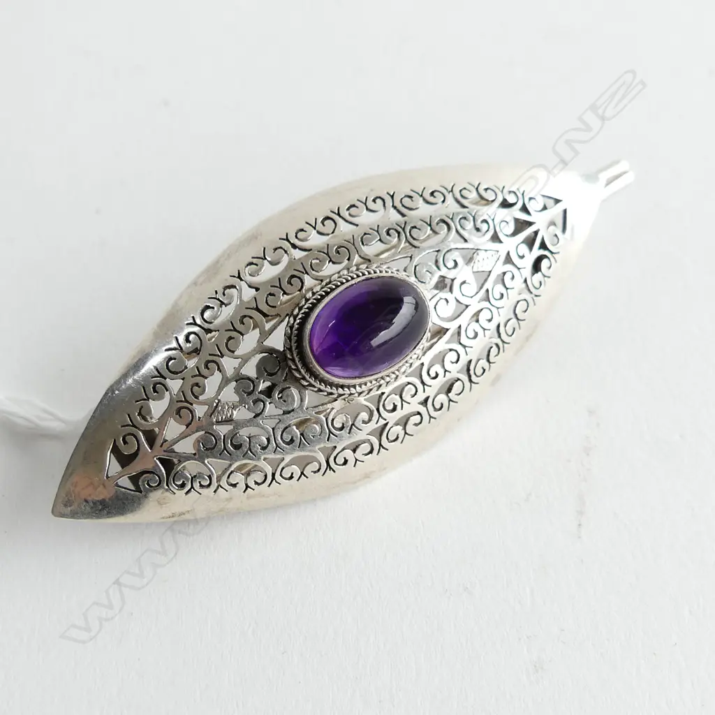 SILVER? & PURPLE STONE BROOCH 75x30mm Image 1++