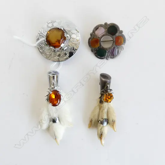 4 SCOTTISH BROOCHES; 2 GROUSE CLAW, AGATE & GLASS STONE 45mm dia