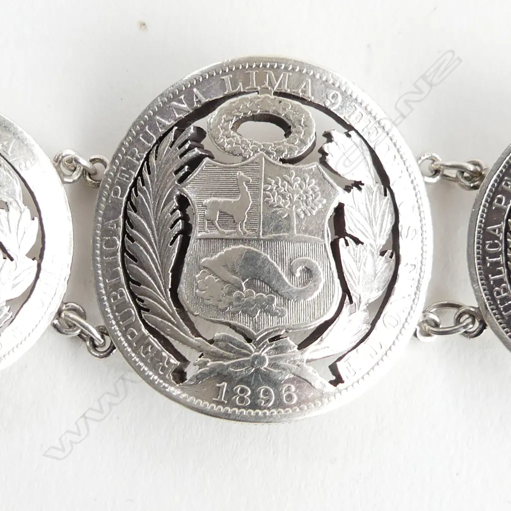  PERUVIAN SILVER COIN BRACELET 90% SILVER 53GMS Image 1++