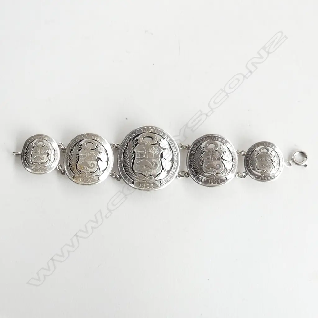  PERUVIAN SILVER COIN BRACELET 90% SILVER 53GMS Image 1++