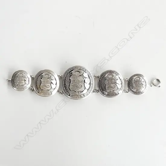  PERUVIAN SILVER COIN BRACELET 90% SILVER 53GMS