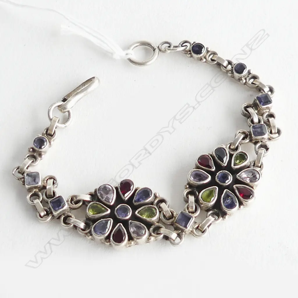 925 SILVER & MULTI COLOURED GEMSTONE BRACELET L.195mm 33 GRAMS Image 1++