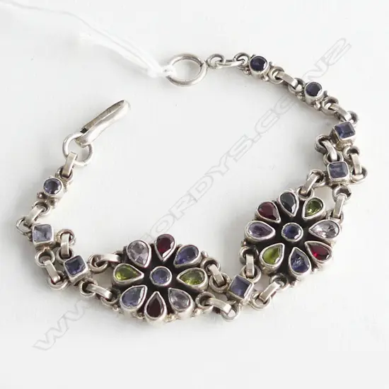 925 SILVER & MULTI COLOURED GEMSTONE BRACELET L.195mm 33 GRAMS