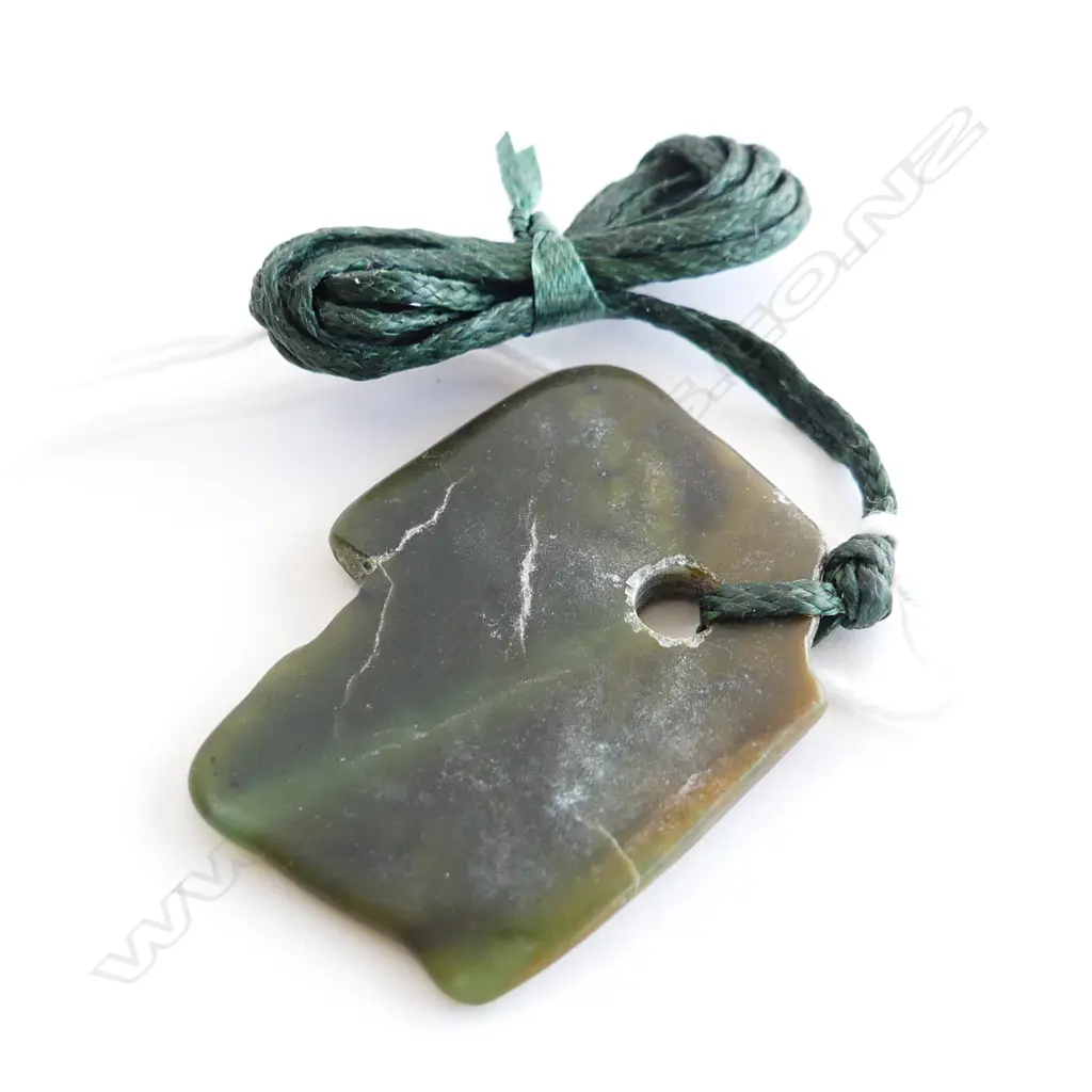 NZ POUNAMU (GREENSTONE) NATURAL SHAPED PENDANT (L40MM) ON BLACK WAXED ADJUSTABLE CORD Image 1++